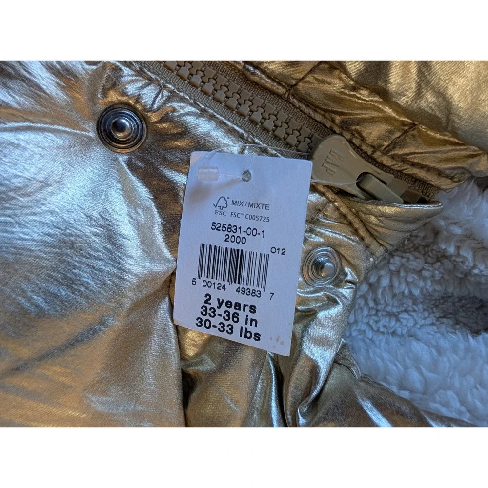 Baby Gap Gold‎ Metallic Sherpa Lined Puffer Jacket Hooded Coat 2T New Shiny Fun
